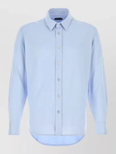 Tom Ford Silk Blend Shirt Long Sleeve Curved Hem In Blue