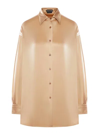 Tom Ford Relaxed Fit Stretch Silk Satin Blouse In Pale Beige
