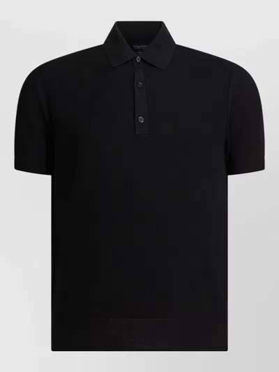 Tom Ford Silk Cotton Pique Polo Shirt Ribbed Collar Hem In Black