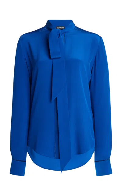 Tom Ford Silk Crepe De Chine Lavallière Shirt In Blue
