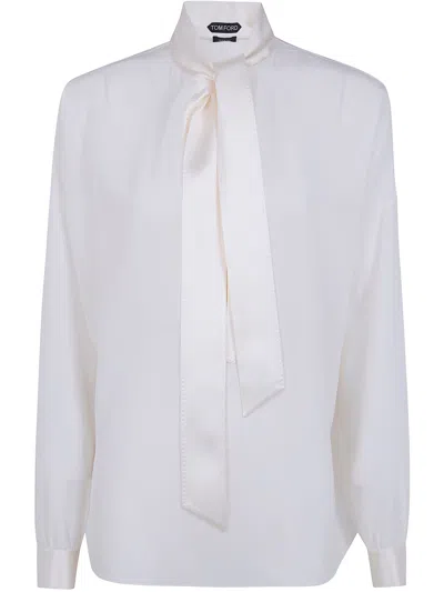 Tom Ford Silk Crepe De Chine Lavalliere Tunic Top In White