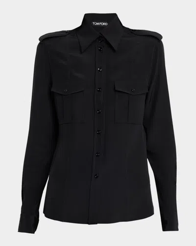 Tom Ford Silk Crepe De Chine Military Shirt In Black
