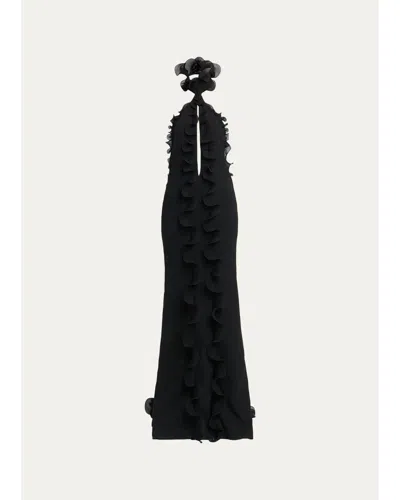 Tom Ford Silk Crepe Ruffled Halter Evening Dress In Black