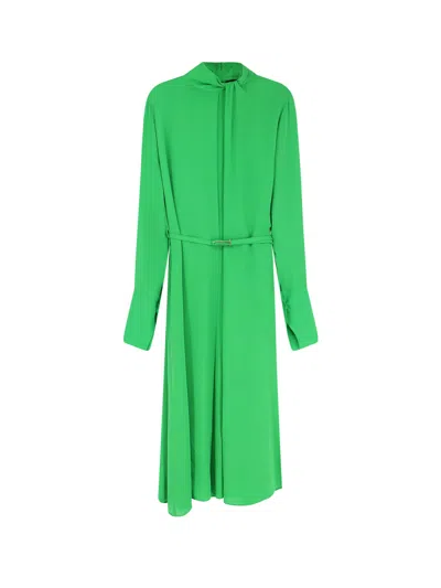Tom Ford Washed Silk Georgette Long Sleeve Draped Collar Belted Dress With Cut-out In Green