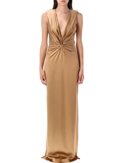 Tom Ford Deep V Neck Gown In Brown