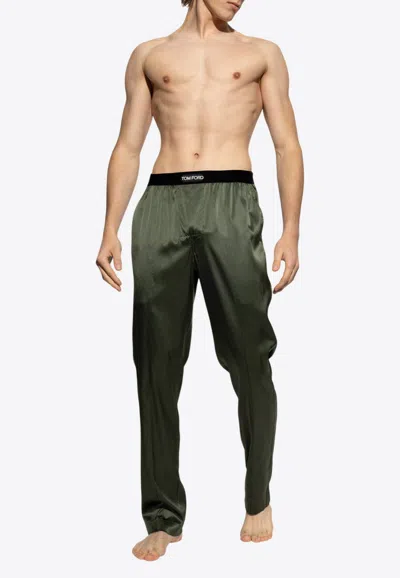 Tom Ford Silk Logo Pajama Pants In Green