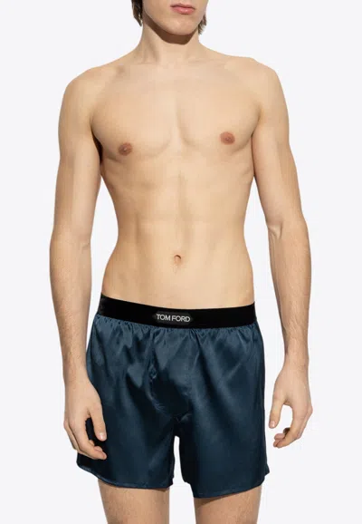 Tom Ford Silk Logo-waistband Briefs In Blue