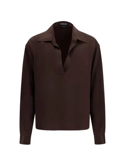 Tom Ford Silk Long-sleeve Top In Brown