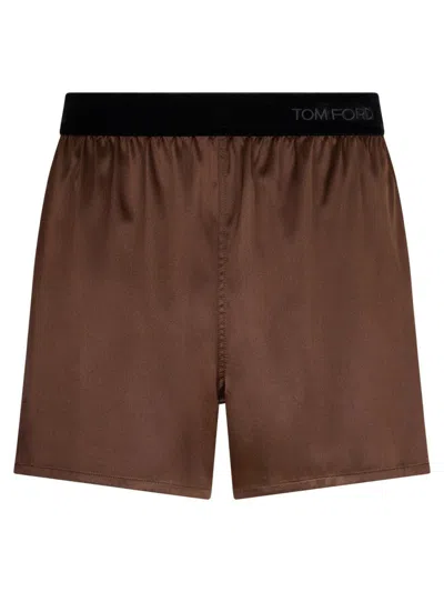 Tom Ford Silk Satin Relaxed Waistband Shorts In Brown