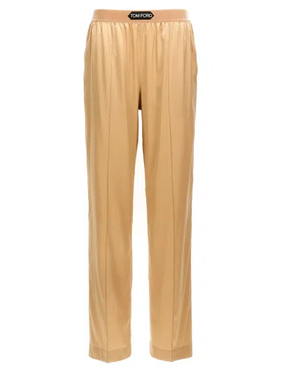 Tom Ford Stretch Silk Trousers In Brown