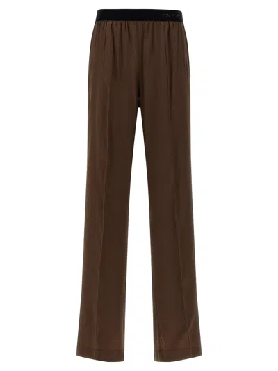 Tom Ford Silk Satin Trousers In Brown