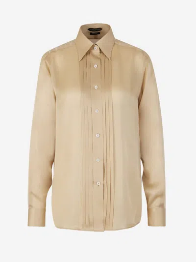 Tom Ford Pleated Plastron Shirt In Soft Beige