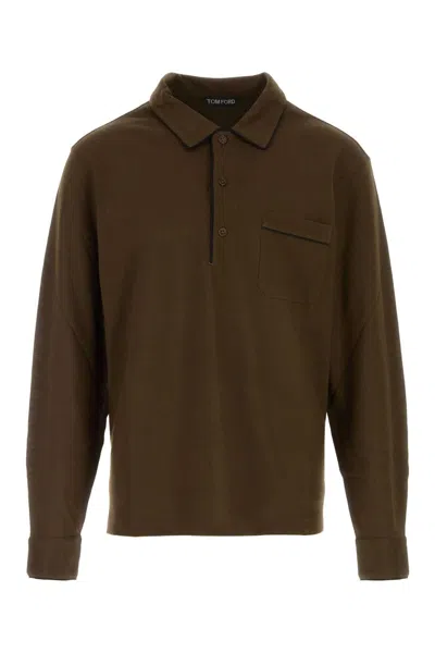 Tom Ford Cotton Silk Piquet Ls Polo In Brown