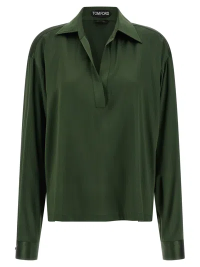 Tom Ford Stretch Silk Satin Polo With Tonal Tf Embroidered Logo Clothing In Green