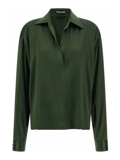 Tom Ford Stretch Silk Satin Polo With Tonal Tf Embroidered Logo Clothing In Green