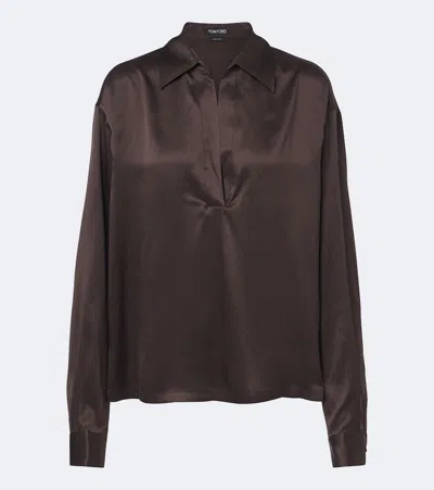 Tom Ford Peach-feel Silk Satin Polo In Brown