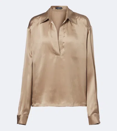 Tom Ford Silk Satin Polo Shirt Long Sleeves In Brown