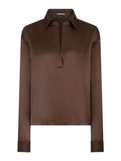 Tom Ford Silk Satin Blouse With Tf Logo Embroidered In Tone-on-tone Brown