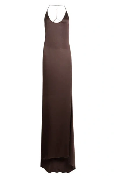 Tom Ford Silk Satin Halter Evening Slipdress In Brown
