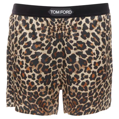 Tom Ford Silk Satin Leopard Print Tf Logo Velvet Trim Shorts In Brown