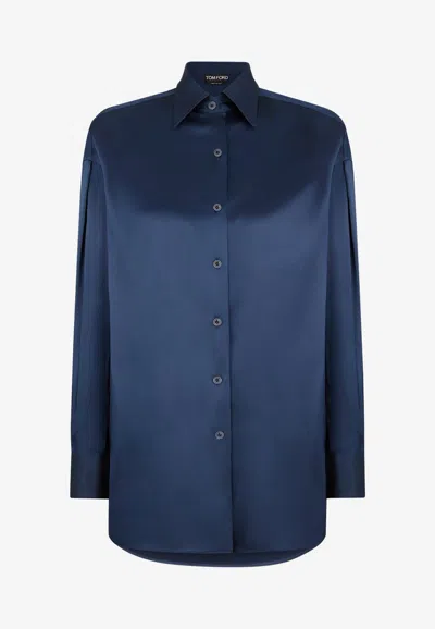 Tom Ford Silk Satin Long-sleeved Shirt In Blue