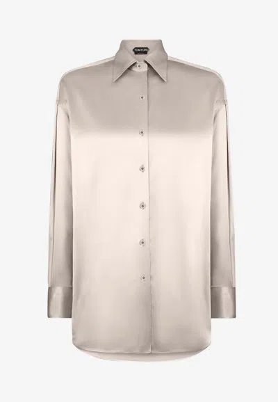 Tom Ford Silk Satin Long-sleeved Shirt In Gray