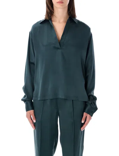 Tom Ford Silk Satin Open Collar Blouse In Green