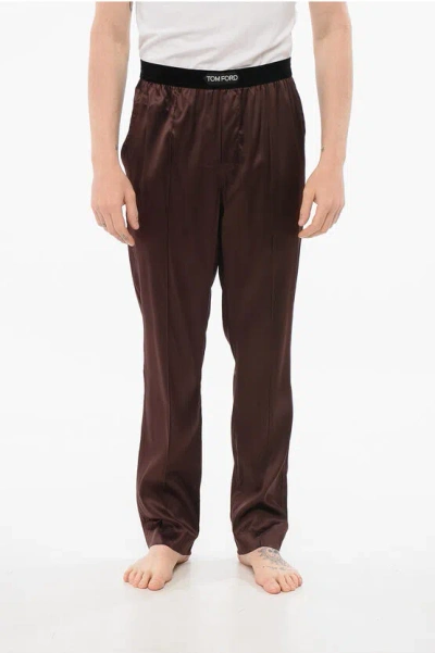 Tom Ford Silk Satin Pijama Pants With Velour Detail In Brown