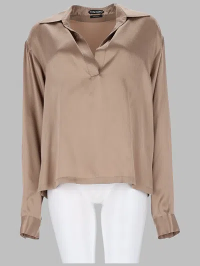 Tom Ford Silk Satin Polo Shirt In Beige