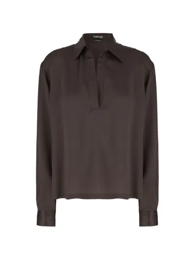 Tom Ford Silk Satin Polo Shirt In Brown