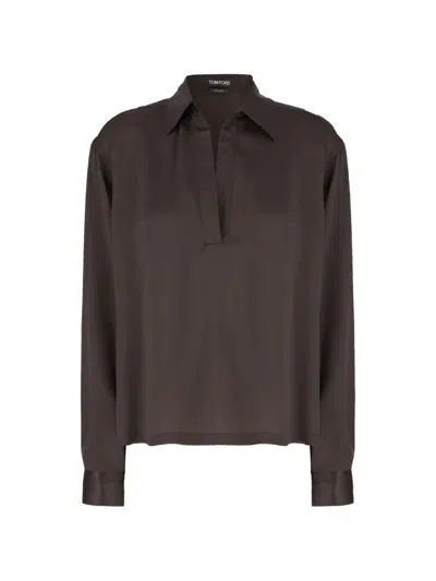 Tom Ford Peach-feel Silk Satin Polo In Brown
