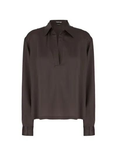 Tom Ford Silk Satin Polo Shirt In Brown