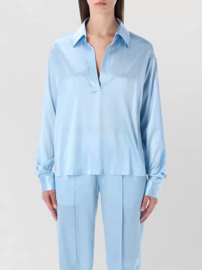 Tom Ford Silk Satin Polo Shirt Long Sleeves In Blue