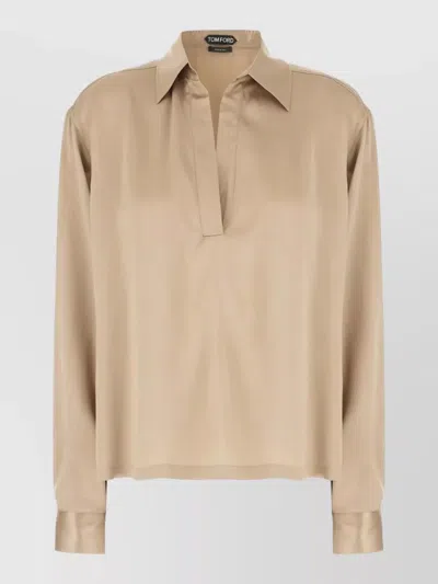 Tom Ford Silk Satin Polo Shirt Long Sleeves In Brown