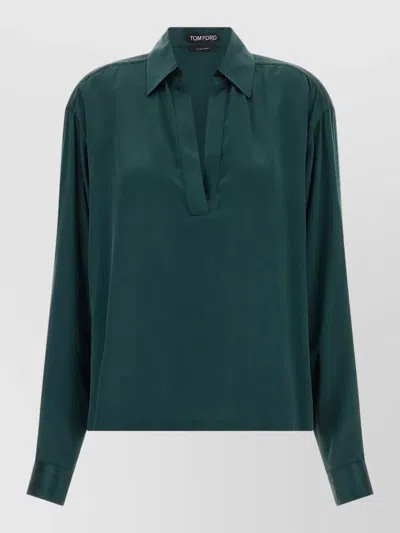 Tom Ford Silk Satin Polo Shirt Plunge Neckline In Green