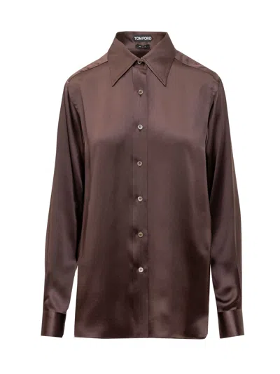 Tom Ford Fluid Charmeuse Silk Shirt In Brown