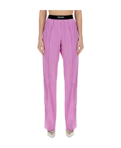 Tom Ford Fuchsia Satin Pants With Logo On Waistband In Stretch Silk Woman In Purple