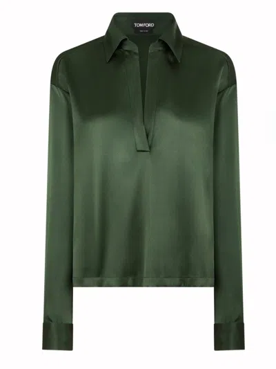 Tom Ford Stretch Silk Satin Polo With Tonal Tf Embroidered Logo Clothing In Green