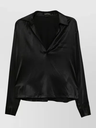 Tom Ford Silk Satin V Neck Polo Collar Blouse In Black