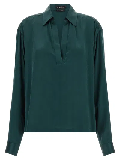 Tom Ford Silk Satin V-neck Polo Shirt In Teal