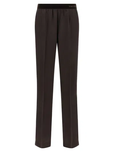 Tom Ford Silk Satin With Peach Hand Finish Trousers In Espresso