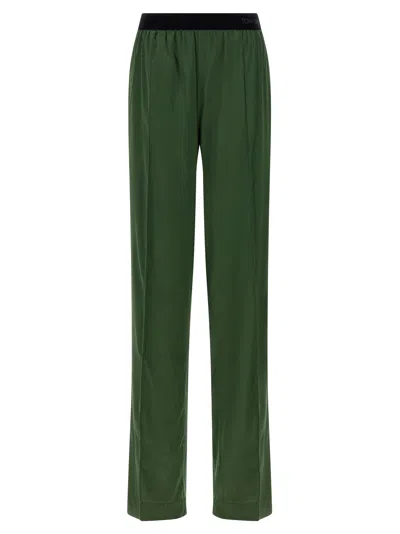 Tom Ford Silk Satin With Velvet Logo Waistband Trousers In Green