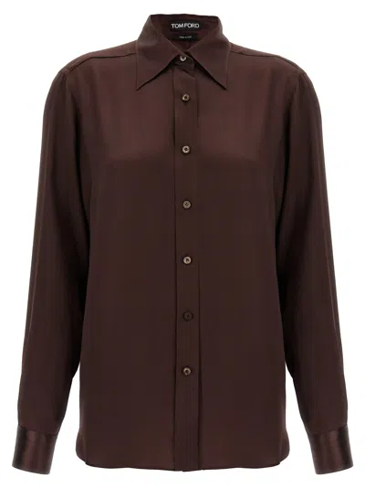 Tom Ford Fluid Charmeuse Silk Shirt In Brown