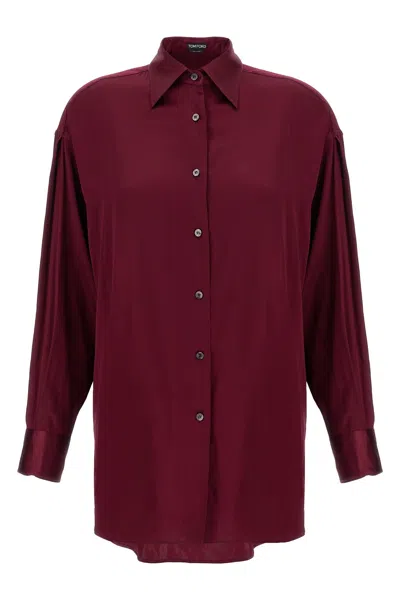 Tom Ford Stretch Silk Satin Relaxed Fit Shirt In Brown