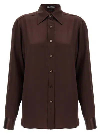 Tom Ford Fluid Charmeuse Silk Shirt In Brown
