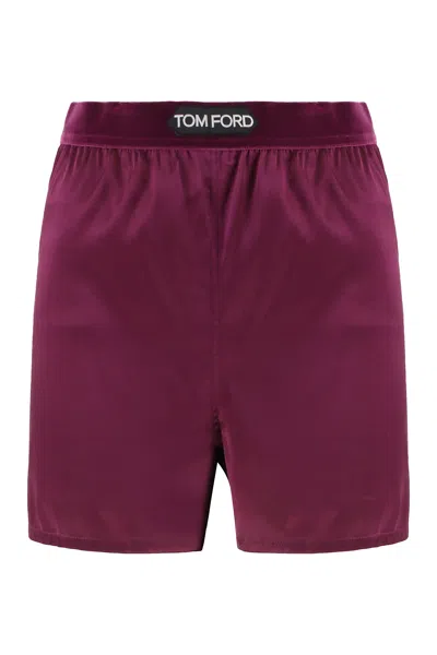 Tom Ford Silk Satin Boxer Shorts With Ruched Detailing In Burgundy