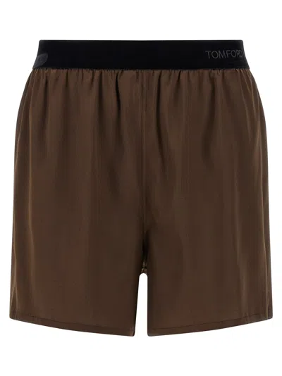 Tom Ford Stretch Silk Satin Pj Shorts In Brown