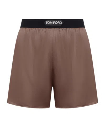 Tom Ford Stretch Silk Satin Pj Shorts In Brown