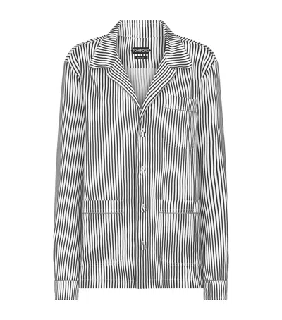 Tom Ford Striped Silk Pj Shirt With Piping And Tonal Tf Embroidered Logo In Multi