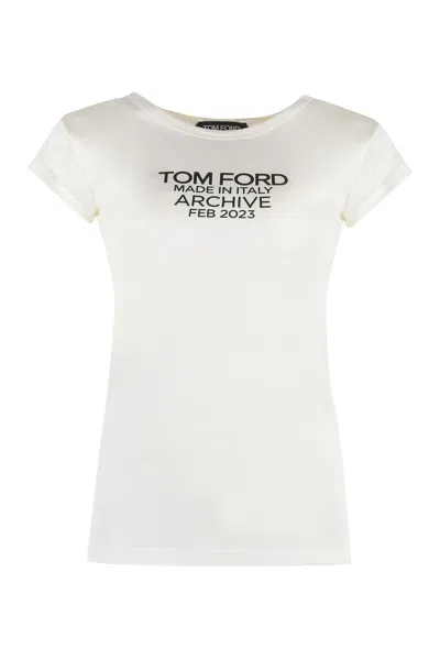 Tom Ford Silk T-shirt With Cap Sleeves And Printed Design In Beige